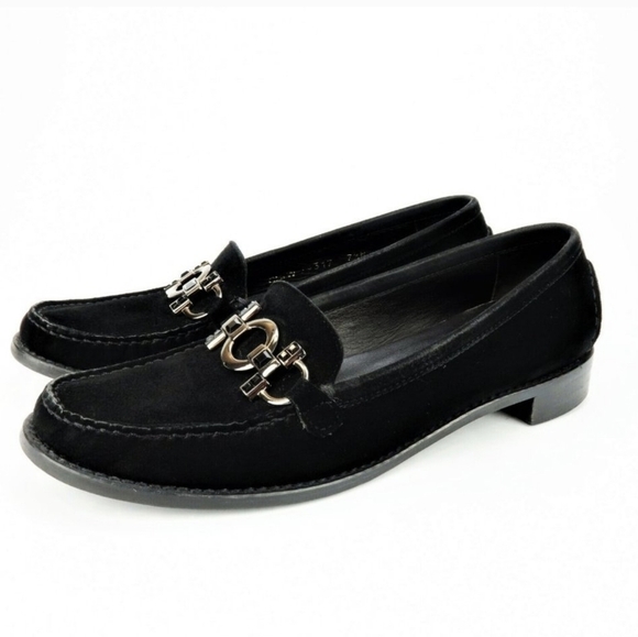 Stuart Weitzman Shoes - STUART WEITZMAN sz. 7.5 M Horsebit Loafers Black Suede Leather Low Block Heel